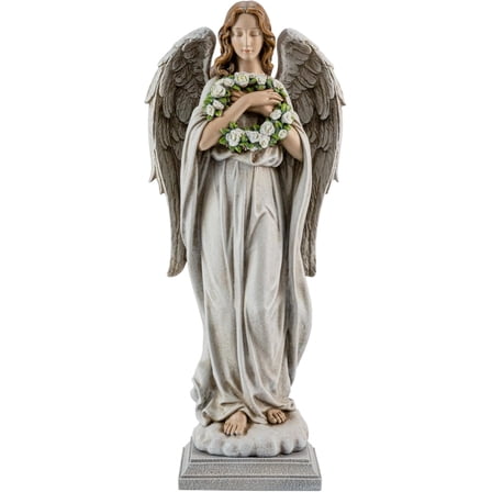 Garden Angel with Flower Wreath Statue - 16" Outdoor Memorial Angel Decor