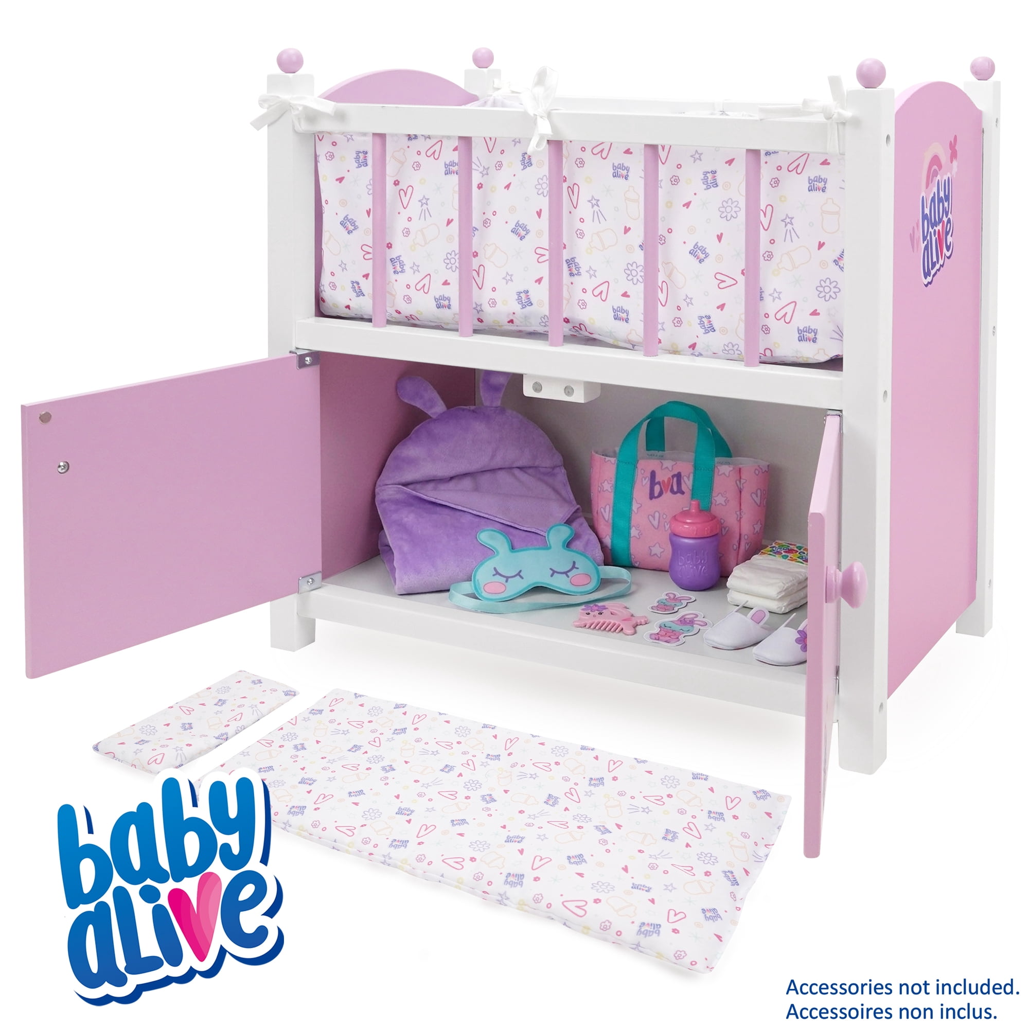 509 Crew: Baby Alive - 2-In-1 Wooden Doll Crib - Pink-White-Purple, Built-In Storage Cabinet, Pillow-Blanket, Doll-Plush Sleep Accessory Toy, Kids 3+