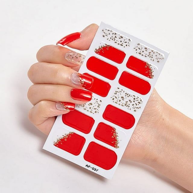 14-Piece Red Gel Nail Polish Strips Kit with Nail File & Stick - Long-Lasting UV/LED Cured, Real Gel Formula, Safe Waterproof Material, Easy Application & Removal for Salon-Quality DIY Manicure - AF37