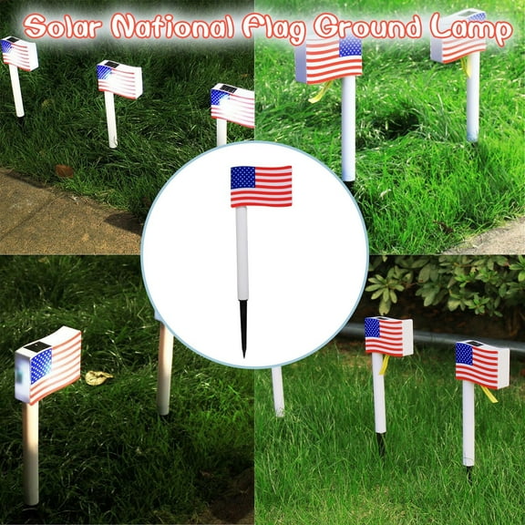 FHBVT Solar LED Ground Flag Light Waterproof Outdoor Patio Yard Pathway Decor Lamp Auto On/Off Solar-Powered Flag Decoration For Independence Day Memorial Day Garden Party Patriotic Outdoor Decor