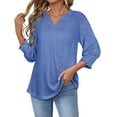 thumbnail image 6 of Caywon Women's Solid Color Spring Summer Basic T Shirt V Neck Ruffled Cuff Three Quarter Sleeve Slim Fit Undershirt Casual Daily Wear Blouse, 6 of 6