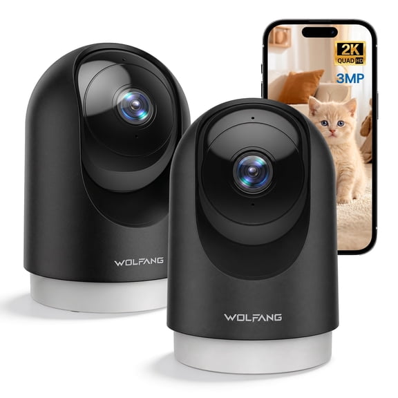 WOLFANG 2K Indoor Security Camera, Pan Tilt Pet Camera with Motion Tracking, Two-Way Audio, Night Vision, Alexa & Google Compatible, 2-pack