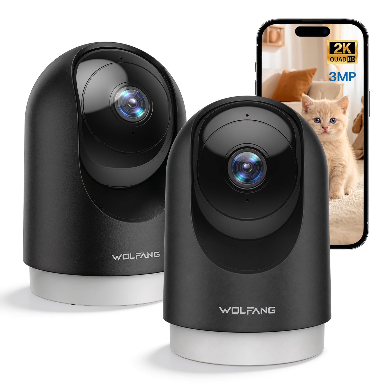 WOLFANG 2K Indoor Security Camera, Pan Tilt Pet Camera with Motion Tracking, Two-Way Audio, Night Vision, Alexa & Google Compatible, 2-pack