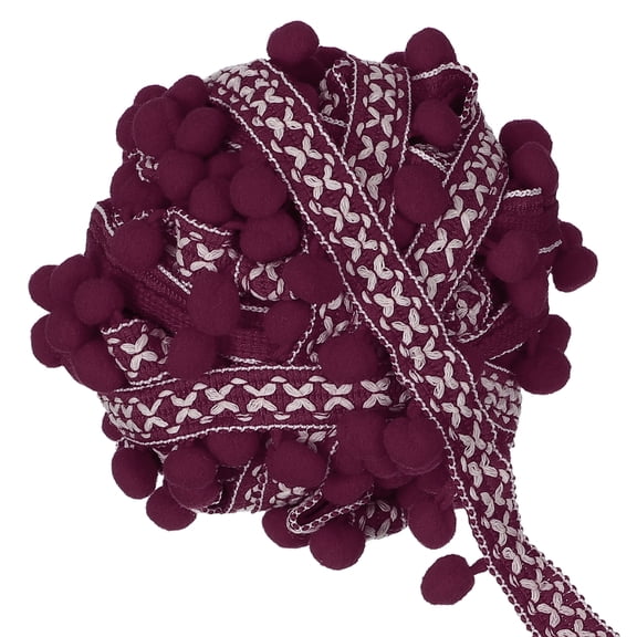 Uxcell 5 Yards Pom Pom Ball Fringe Trim, 12mm Garland Ribbon Sewing Tassel Lace for Clothes Sewing Home Curtain Pillow Decoration, Burgundy