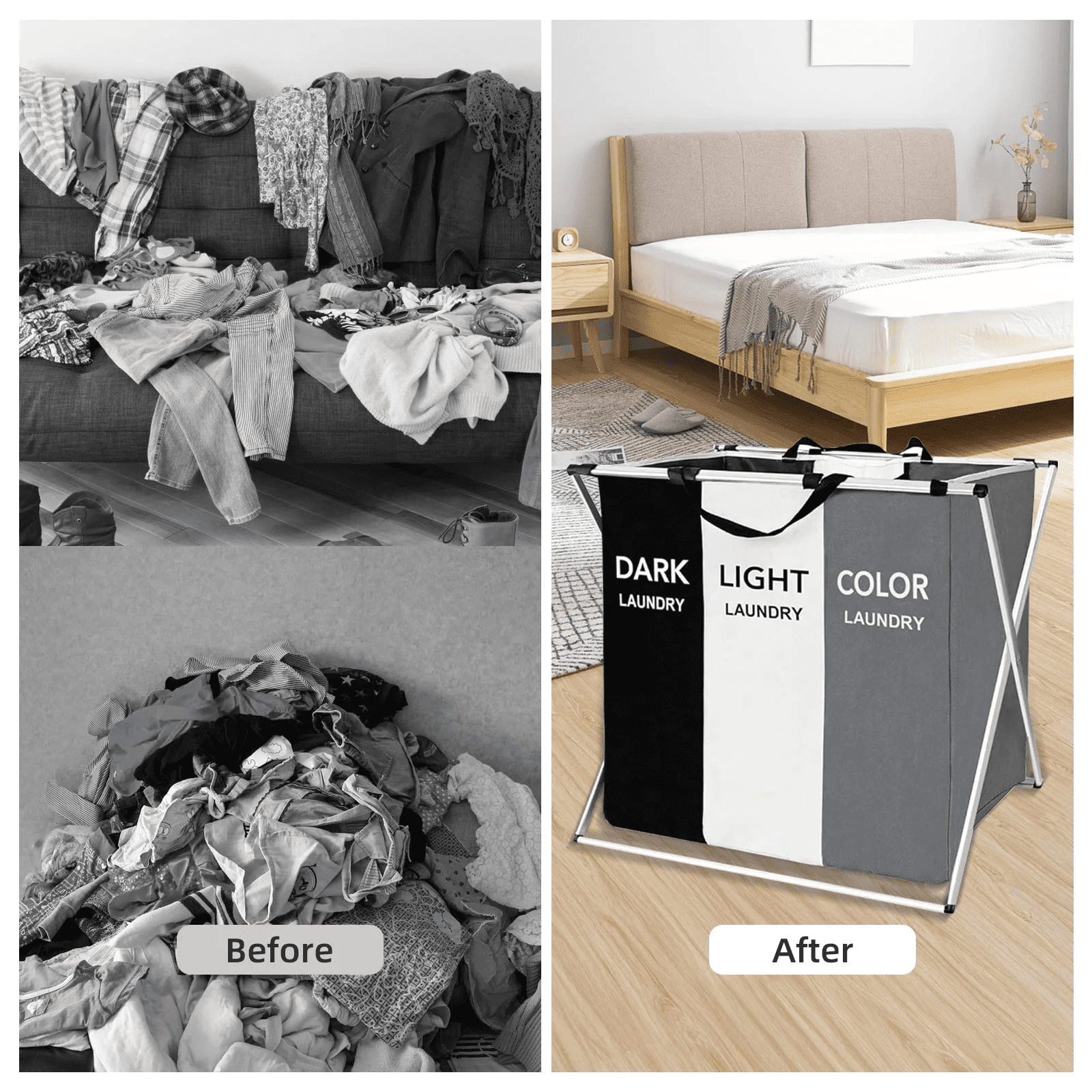 SROEDTY Collapsible Laundry Basket, 3-Compartment Freestanding Clothes Hamper with Reinforced Handles, Large Capacity Waterproof for Laundey Room, Living Room