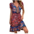 thumbnail image 2 of Summer Saving Wycnly Womens Dresses Beach Vacation Vintage Bohemian Elastic Waist Flowy Swing A Line Dresses Summer Floral Print V-Neck Short Sleeve Formal Midi Dress Red XL, 2 of 5