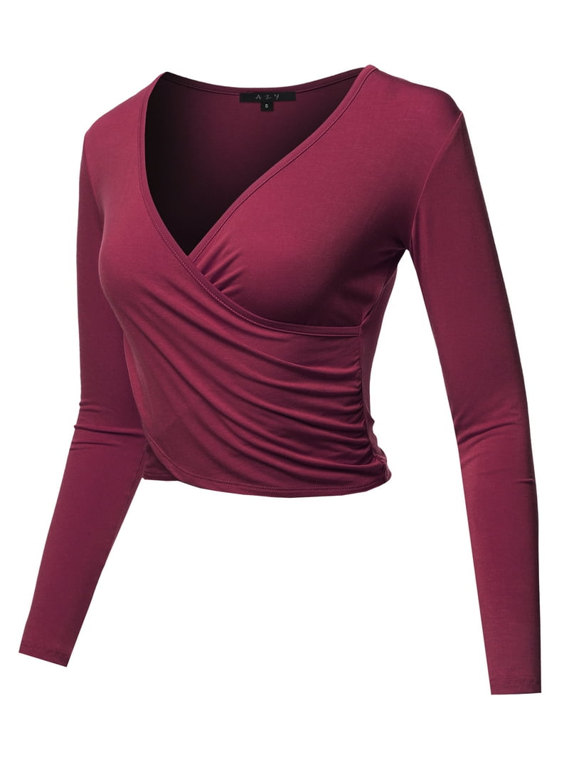 A2Y Women's Long Sleeve Deep V Neck Cross Wrap Crop Top T Shirts