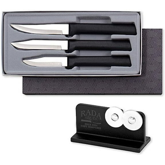 Rada Cutlery 3-Piece Paring Knives Galore Gift Set with Quick Edge Knife Sharpener, Black Handles