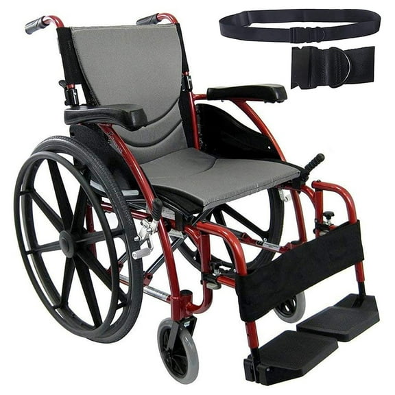 Karman Healthcare S-Ergo115F18RMG S-Ergo 115 18" seat Ultra Lightweight Ergonomic Wheelchair with Swing Away Footrest and Mag Wheels in Red & Free Black Wheelchair Seatbelt!