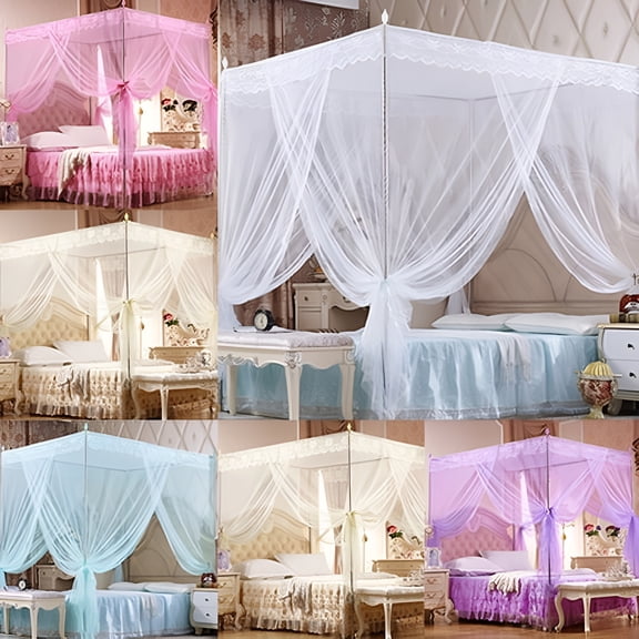 LAMIRO Romantic Princess Lace Bed Canopy with Mosquito Net - Simple 4 Corners Post Curtains for Twin,Full,Queen,King Beds