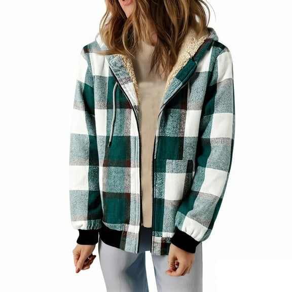 RQYYD Women's Flannel Casual Plaid Full Zip Up Sherpa Lined Hoodie Jacket Coat with Pockets