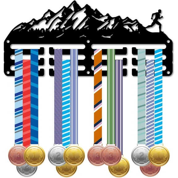1 Set Runner Medal Holder Marathon Medal Hanger Display Awards Rack Organizer with 12 Hooks 3 Rows Mountain Small Black Iron Wall Mount for Hanging 40  Medals Sports Runners Running 11.4 x 5.1in