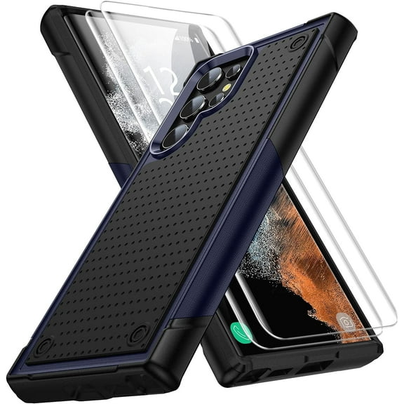 for Samsung Galaxy S22 Ultra Case, S22 Ultra Case with Self Healing Flexible TPU Screen Protector[2 Pack], Military Grade Dual-Layer Heavy Duty Case for Galaxy S22 Ultra 5G-Blue/Black