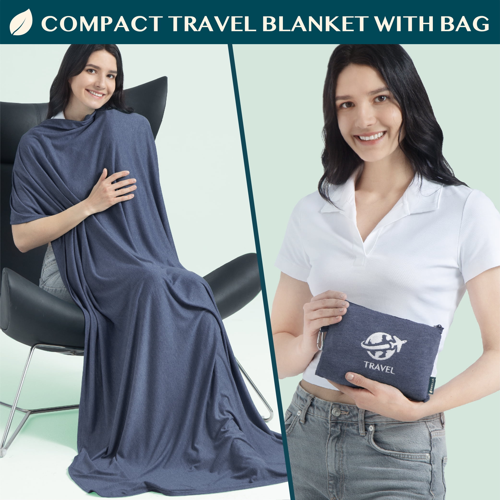 PAVILIA Soft Compact Travel Blanket and Pillow, Foldable Airplane Blanket in Bag, Lightweight Portable Flight Blanket Set with Luggage Strap, Camping Plane Car Home Office Gift Accessories, Navy Blue