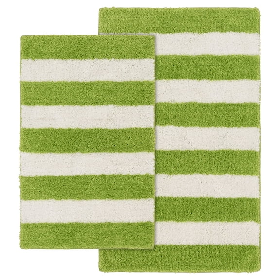 Garland Rug Beach Stripe Washable Bath Rug Set, 2 Piece Set (17"x24" Bath Rug, & 21"x34" Bath Rug) Lime Green/White