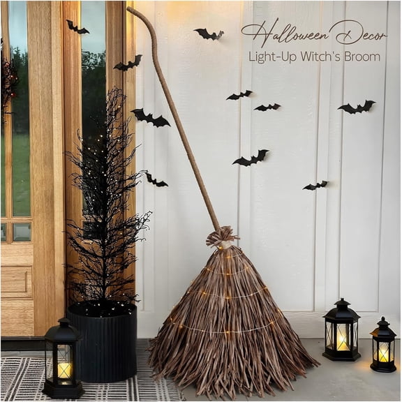 Halloween Decorations - Fall Decor for Home - 5.5 Ft Giant Light-Up Witches Broom - Rustic Farmhouse Decoration for Indoor Outdoor Front Door Porch