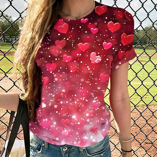 Karight T-Shirt Graphique Mignon avec Cœur pour Femmes, Chemise de la Saint-Valentin, Teinture Colorée, Imprimé Love, Col en V, Manches Courtes, Tee-Shirt Rétro
