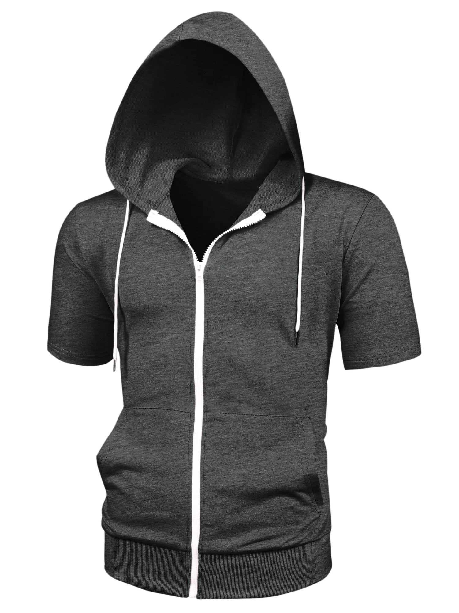 Unique Bargains Men's Short Sleeve Solid Color Zip Up Sport Hoodies L Dark Gray