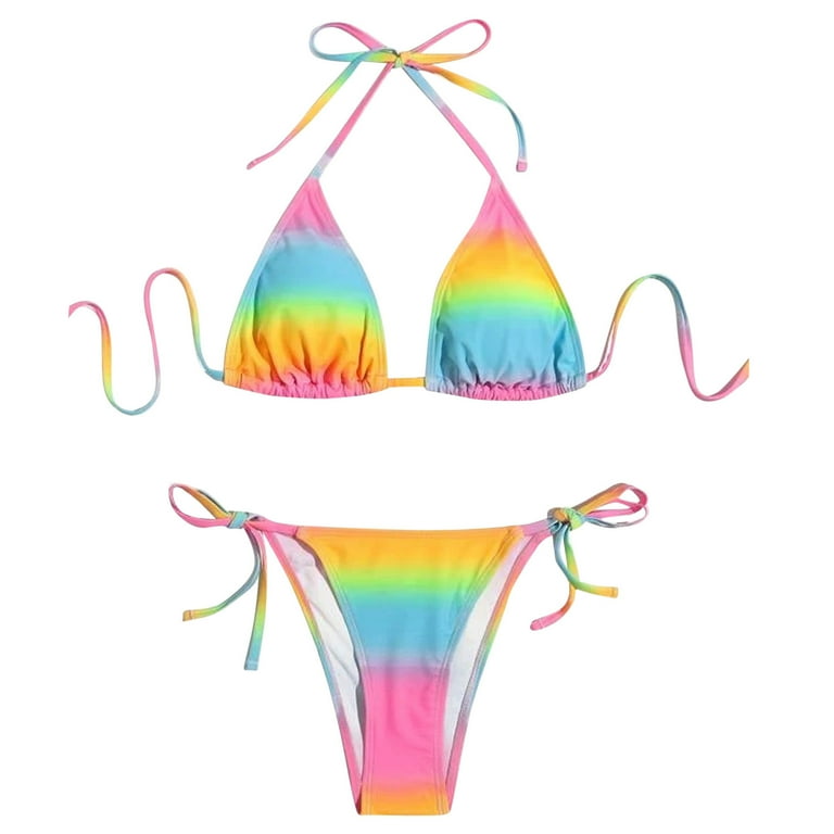 Womens Bikinis Summer Rainbow Tie Dye Print Halter lace Up Sexy Bra With  Thongs Tankinis Two Piece Swimsuits Sets - Walmart.com