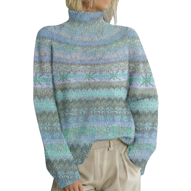 Breezora Chandail à Col Roulé Contemporain pour Femmes, Design à Imprimé Rétro, Manches Longues, Tricoté, Coupe Ample, Confort, Mode d'Automne, Taille M, Bleu Pâle