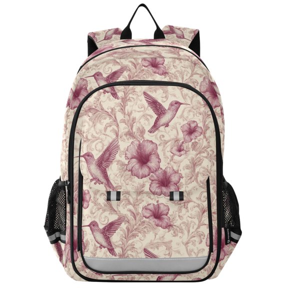 School Backpack for Teens 17L Lightweight Bookbag with Reflective Strips Hummingbird and Hibiscus Pattern