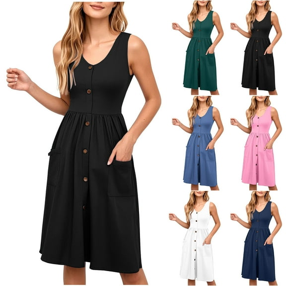 Simua Women's Formal Work Mini Dress Casual Summer Sleeveless Elegant Button Bussiness Office Outfits