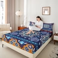 thumbnail image 4 of Homewish Tribal Damask Flower Twin Sheet Sets, Vintage Western Fshion Twin Fitted Sheet, Navy Orange Mandala Flat Sheet, Breathable Home Decor, 3 Pieces, 4 of 7