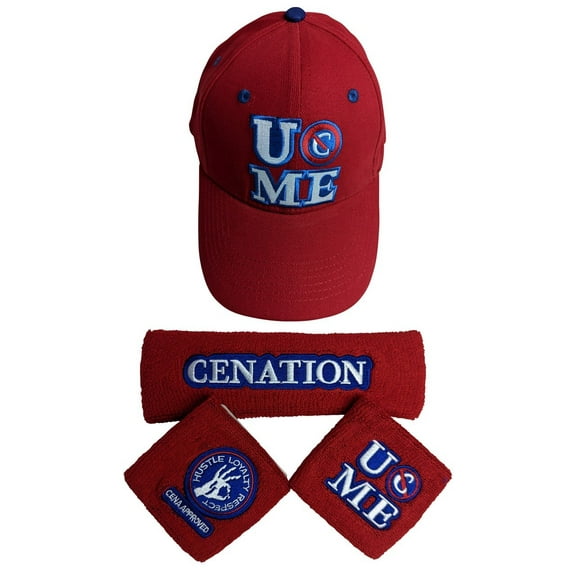 John Cena Red Persevere Never Give Up Baseball Hat Headband Wristband Set