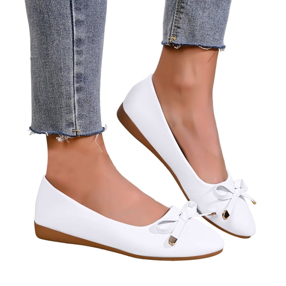 Dakaela Women's Flat Dress Shoes Closed Round Toe Low Wedge Ballet Flats Bow Tie Comfortable Leather Slip on Loafers Shoe for Women White Size 8.5