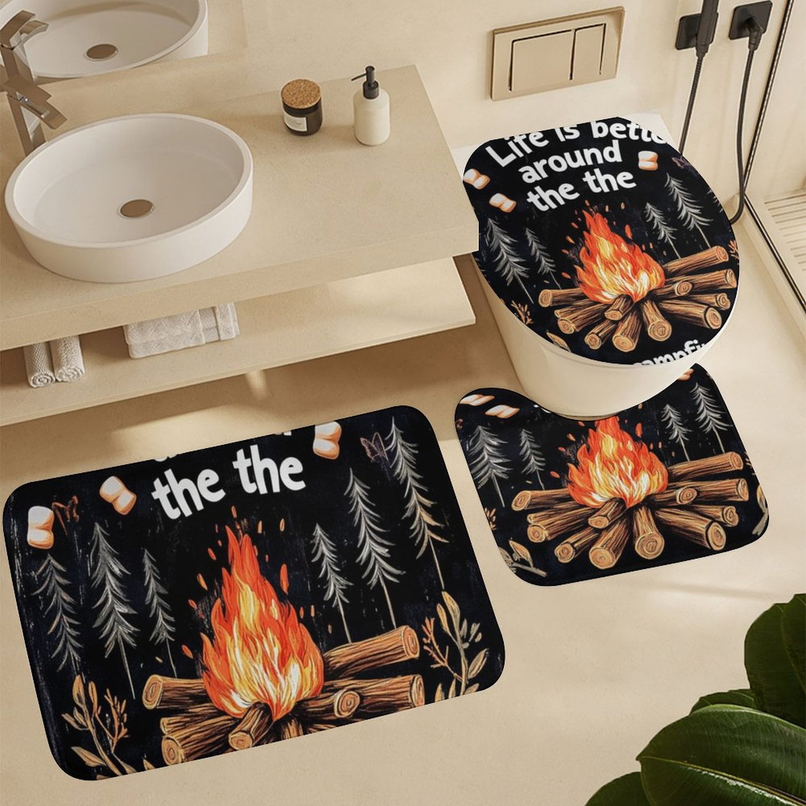 Shower Curtain Sets with Rugs 4 Piece with Rugs Include Waterproof Shower Curtain Non-Slip Rug Toilet Lid Cover Bath Mat Life Is Better Around The Campfire Durable and Waterproof Happy Camper