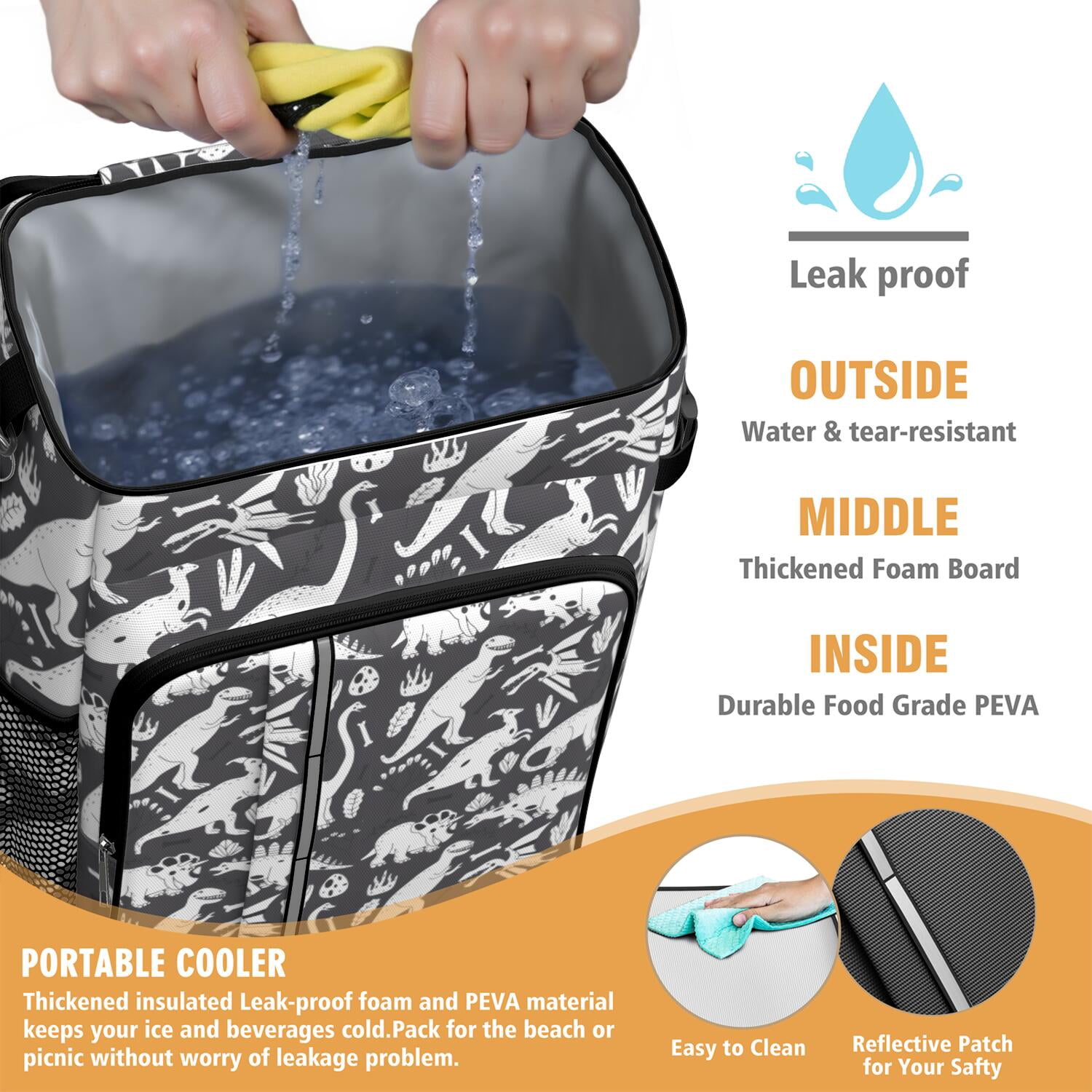 Travel Cooler Bag - Black and White Dinosaur Pattern Camping Beer Cooler Backpack with Bottle Opener- Waterproof Insulated Picnic Backpacks - Cooler Bag for Beach