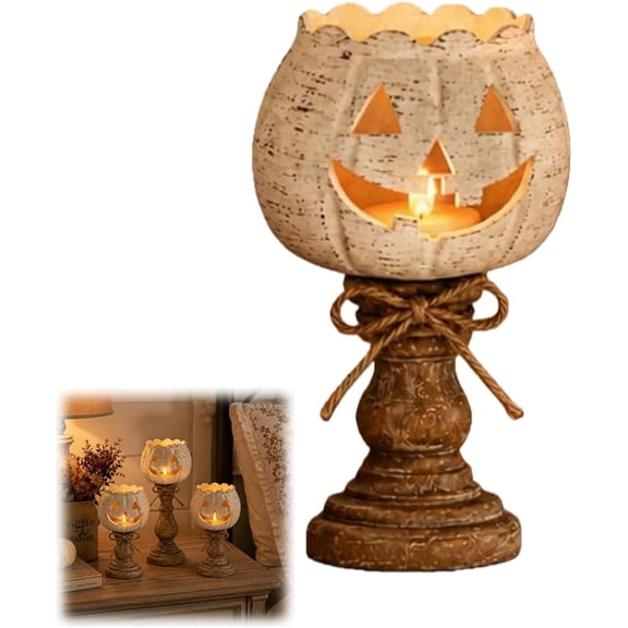 Rustic White Pumpkin Tealight Candle Holder Set, Farmhouse Jack O Lantern Tealight Candle Holders Decor with Wood Pedestal & Jute Bow, Fall Tables Centerpieces
