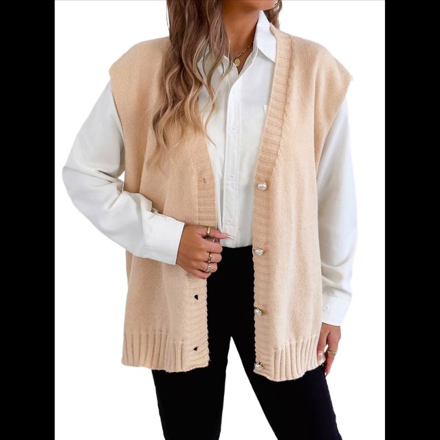 Chaleco de Punto Sin Mangas para Mujer, con Cuello en V, Botones, Informal, Holgado, para Otoño e Invierno. Albaricoque Talla Única