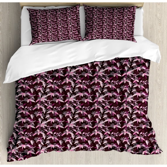 Floral Duvet Cover Set Queen Size, Victorian Themed Hydenyear Flowers with Blossoms, Decorative 3 Piece Bedding Set with 2 Pillow Shams, Dark Maroon Pink, by Ambesonne