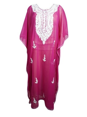 Mogul Womens Pink Embellished Caftan Kimono Georgette Sheer Bikini Beach Cover Up Kaftan Dress