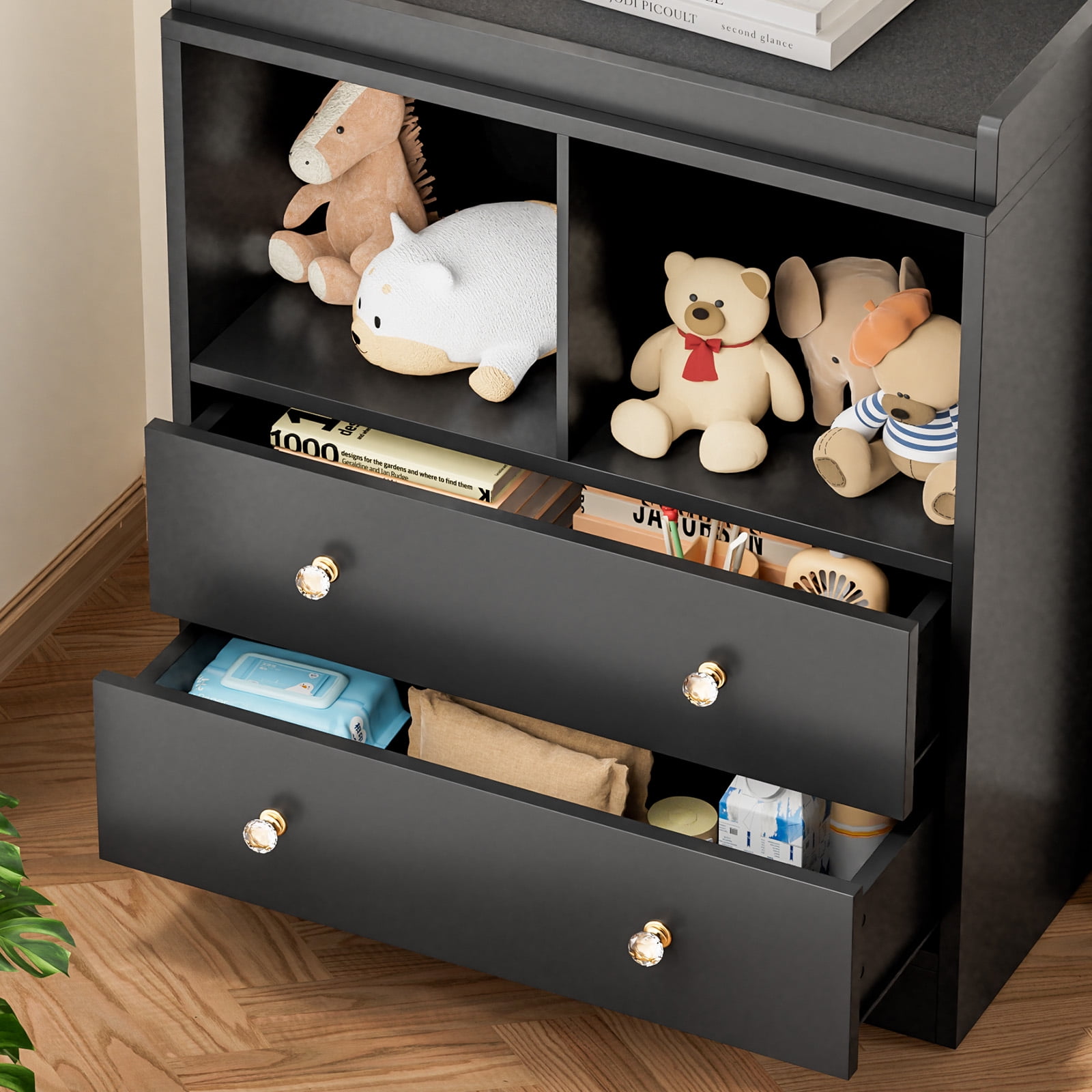 Roromall Changing Table with Pad, 2 Drawers and 2 Open Compartments for Nursery Room with Modern Diaper Changing Station, Bedroom