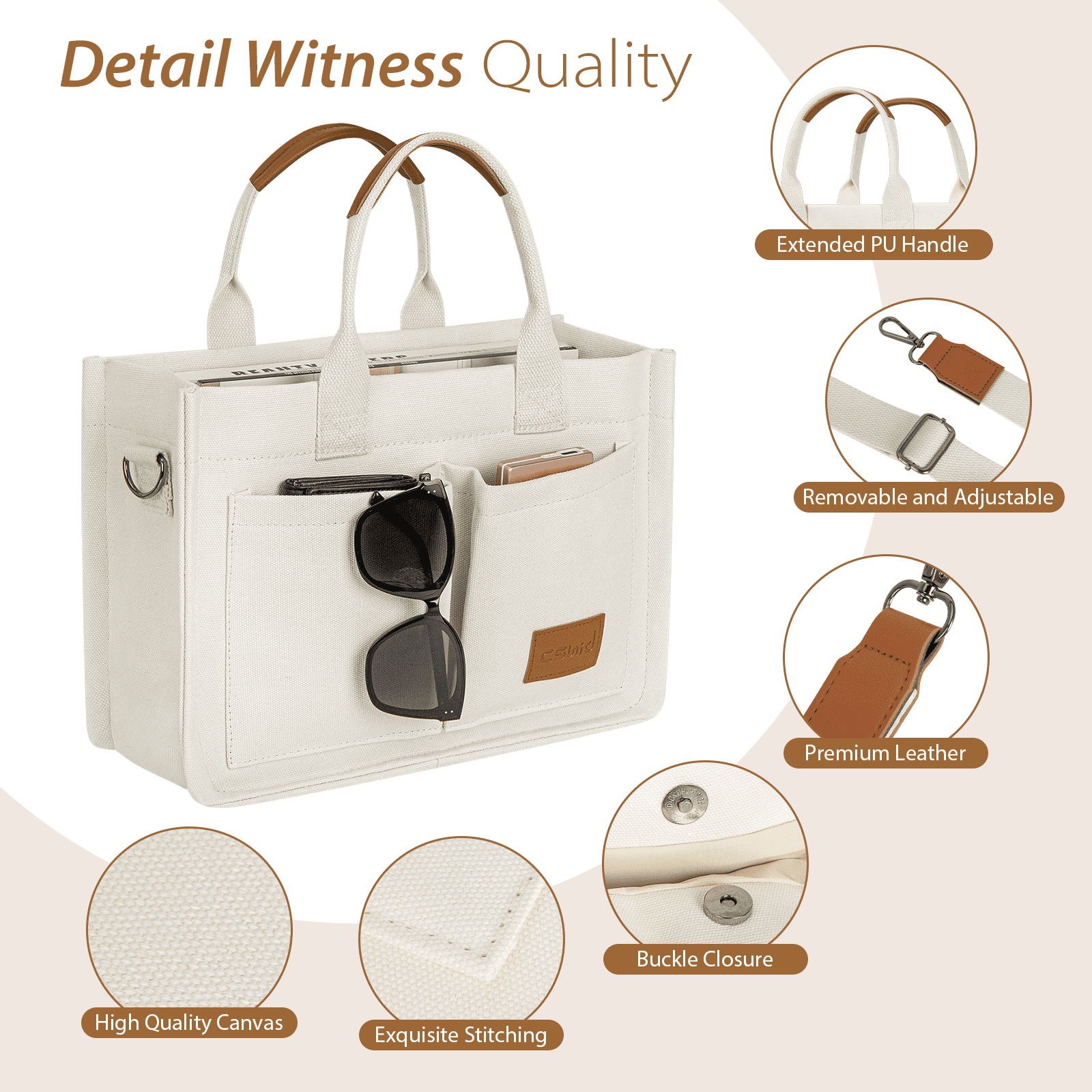 Canvas Tote Bag with Multi-Pocket for Women, Large Crossbody Shoulder Handbag Everything Tote Bag with Compartments, Laptop Work Bags Shoulder Travel Messenger Gym Totes, White