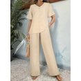 thumbnail image 2 of Womens V Neck Two Piece Set Short Sleeve Top and Casual Long Pants Fashion Slimming Outfit Khaki L, 2 of 7