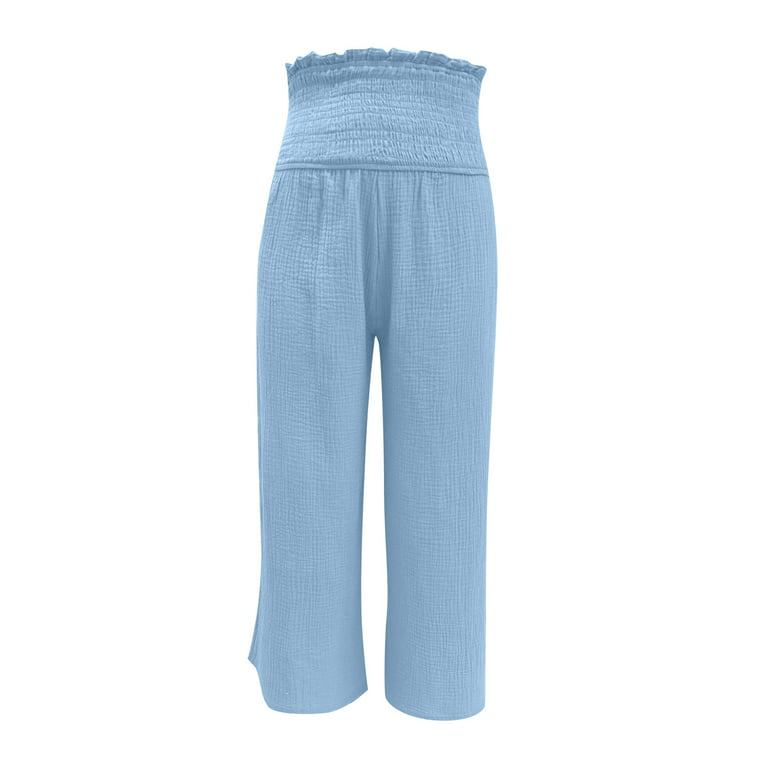 CZHJS Women's Solid Color Cotton Linen Pants Clearance Long Palazzo Pants  Straight Leg Light Weight Fit Fashion 2023 Summer Trousers Comfy Casual  Loose Flowy Elastic Waist Sky Blue M 