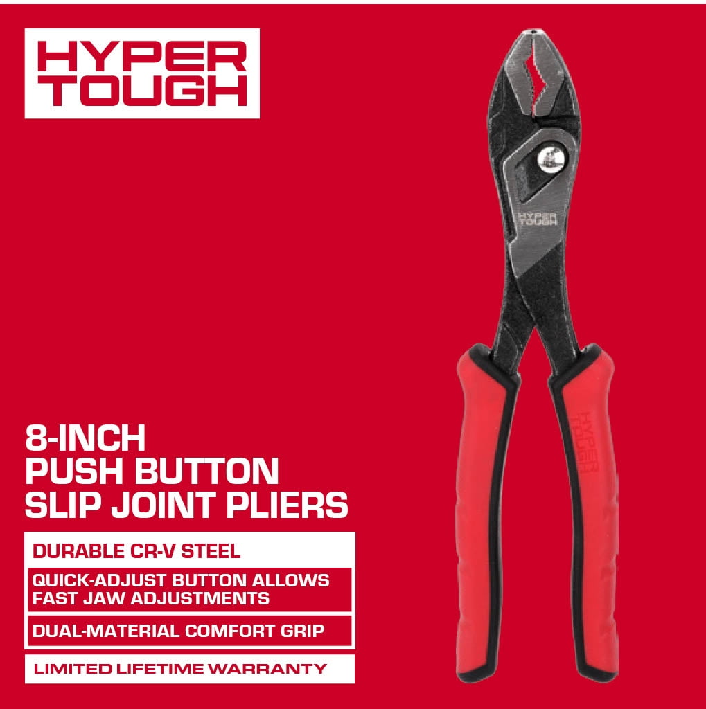 Hyper Tough 8-inch Push-button Slip-joint Pliers with Dual Material Comfort Grips