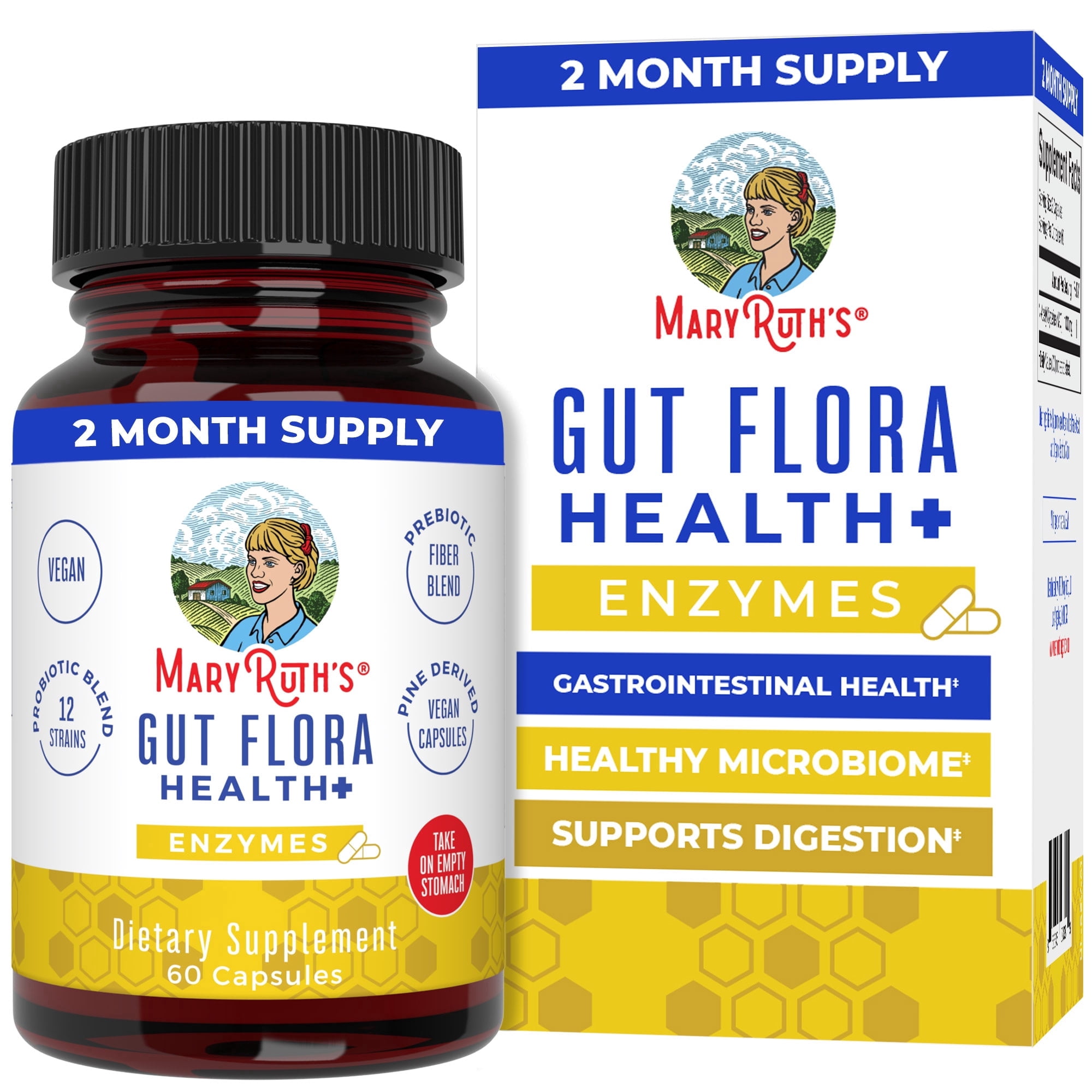 MaryRuth's Gut Flora Health+ Capsules for Adults, Enzymes, Prebiotics, Probiotics, Vegan, 60 Count