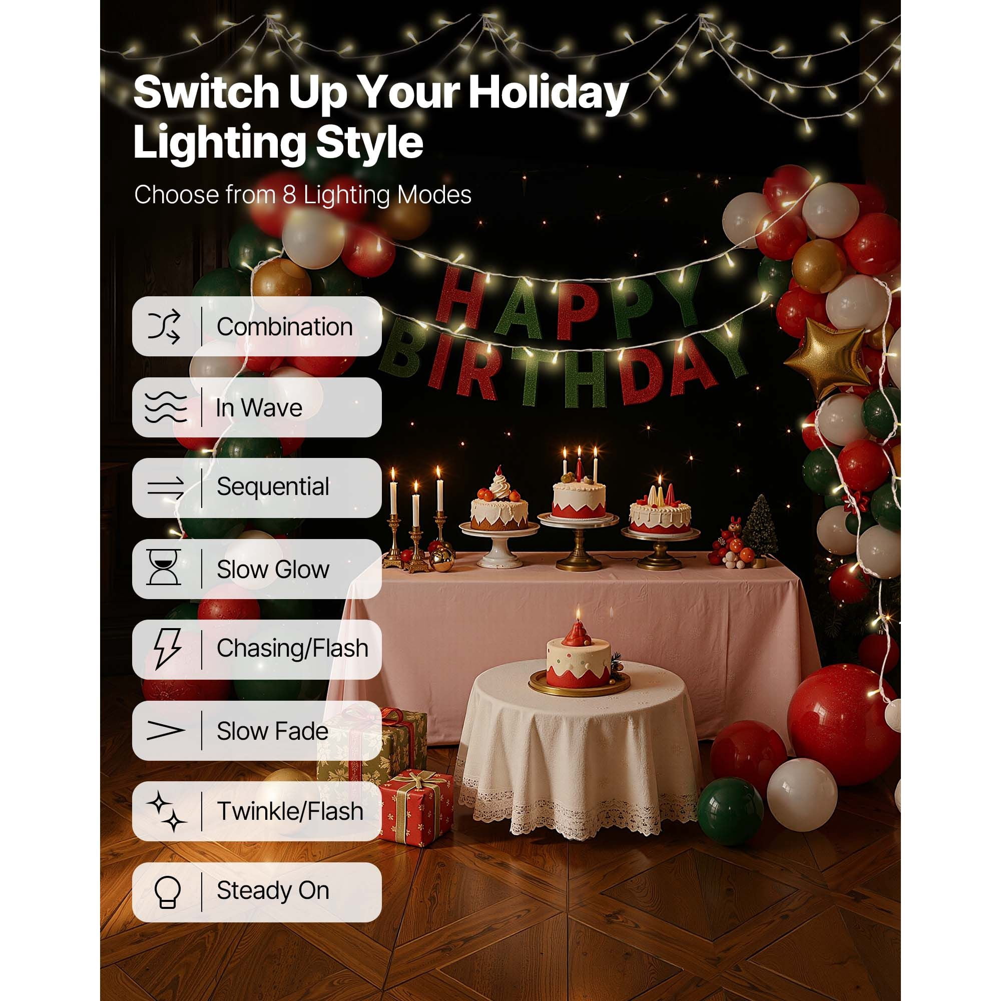 76FT 200 LED Warm White Christmas String Lights, 2800K Plug-in Fairy Lights 8 Modes Memory Function, 6H Timer IP44 Waterproof, Connectable up to 4 Sets Indoor Outdoor Holiday Decor