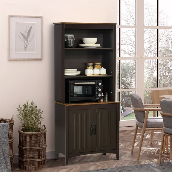 HOMCOM 70" Kitchen Hutch, Freestanding Storage Pantry Cabinet with 3-Tier Shelving, Sideboard with Adjustable Shelves and Open Countertop, Coffee