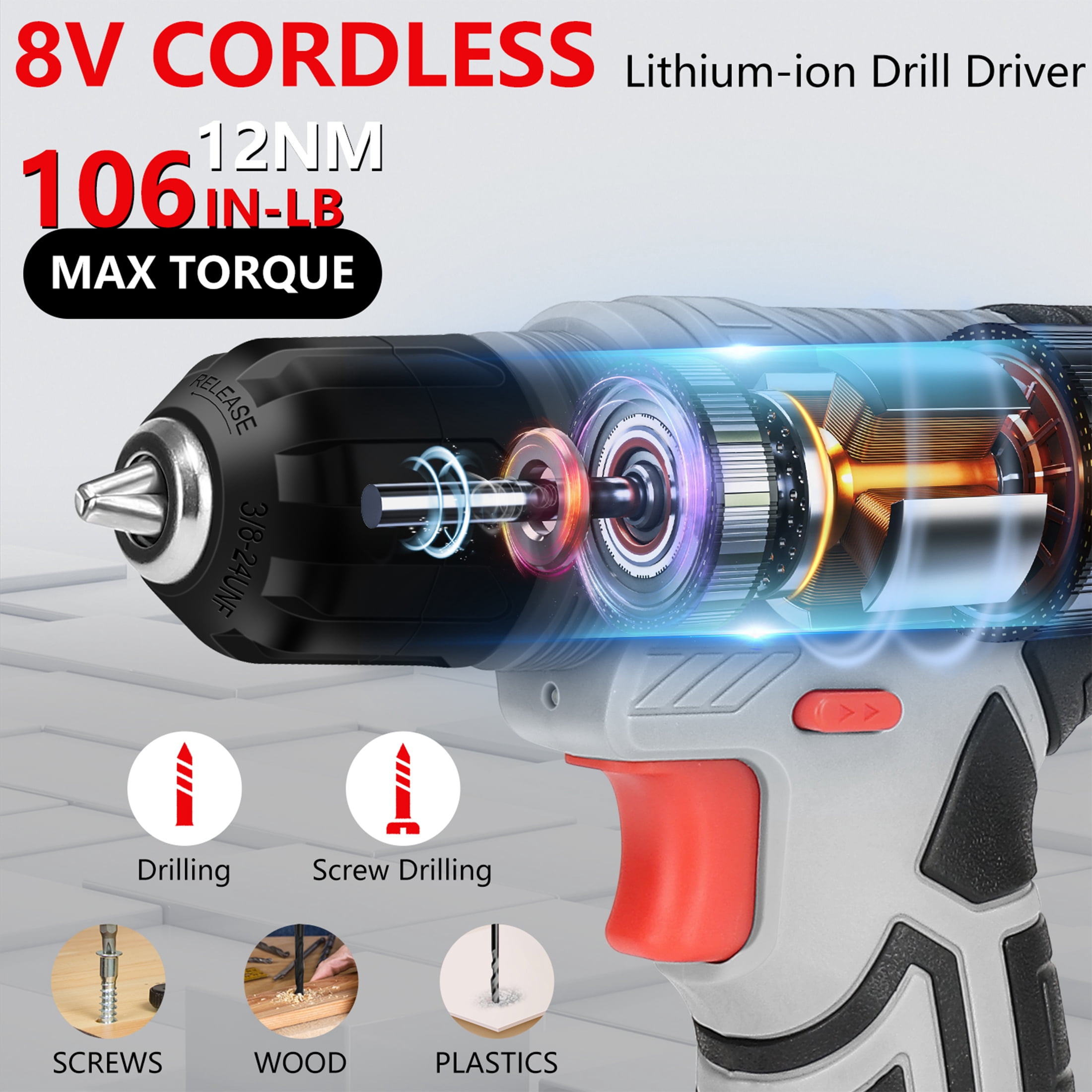 JENABOM Tool Set - 8V Cordless Drill Set, 146 Pcs Box with Hand Drill, Home Tool Kits, Variable Speed, Home Improvement & DIY (Gray & Red)
