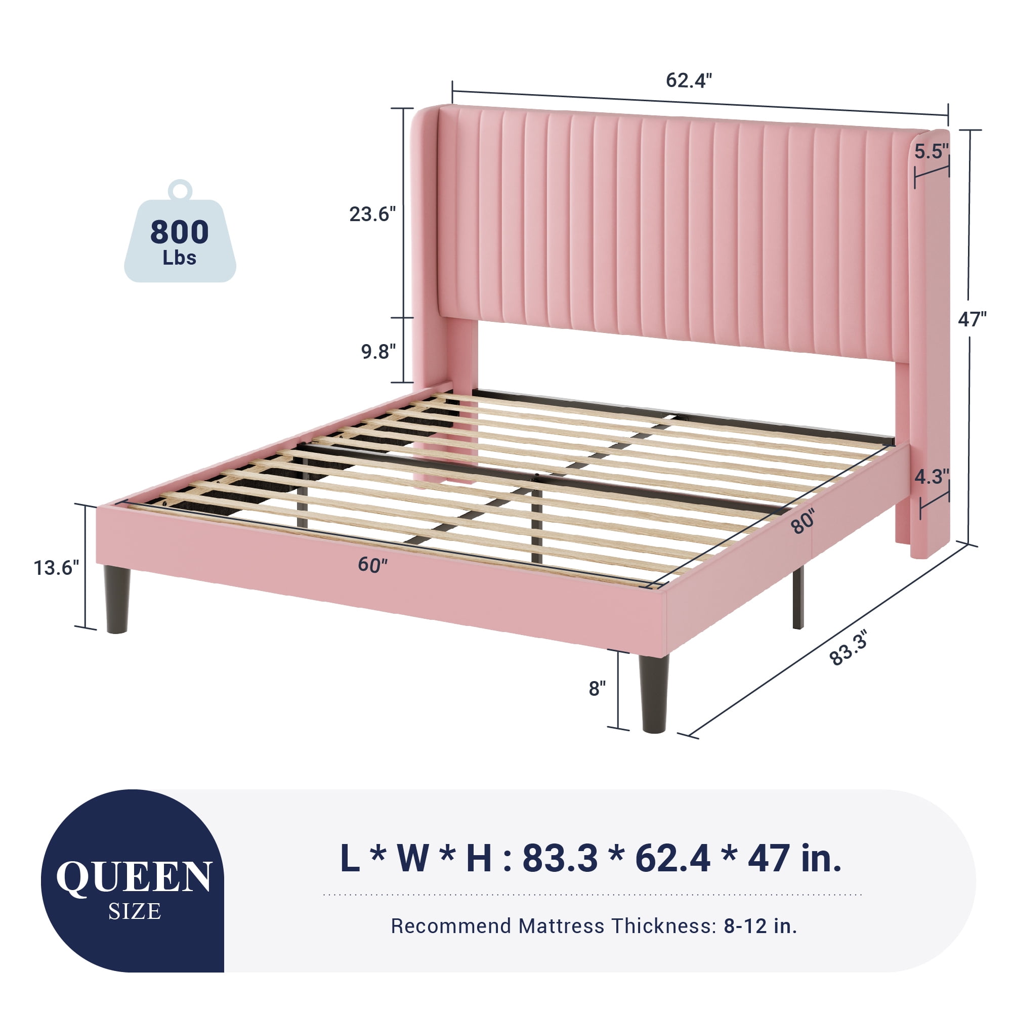 Sifurni QUeen Size Velvet Platform Bed Frame with Vertical Channel Tufted Wingback Headboard, Pink