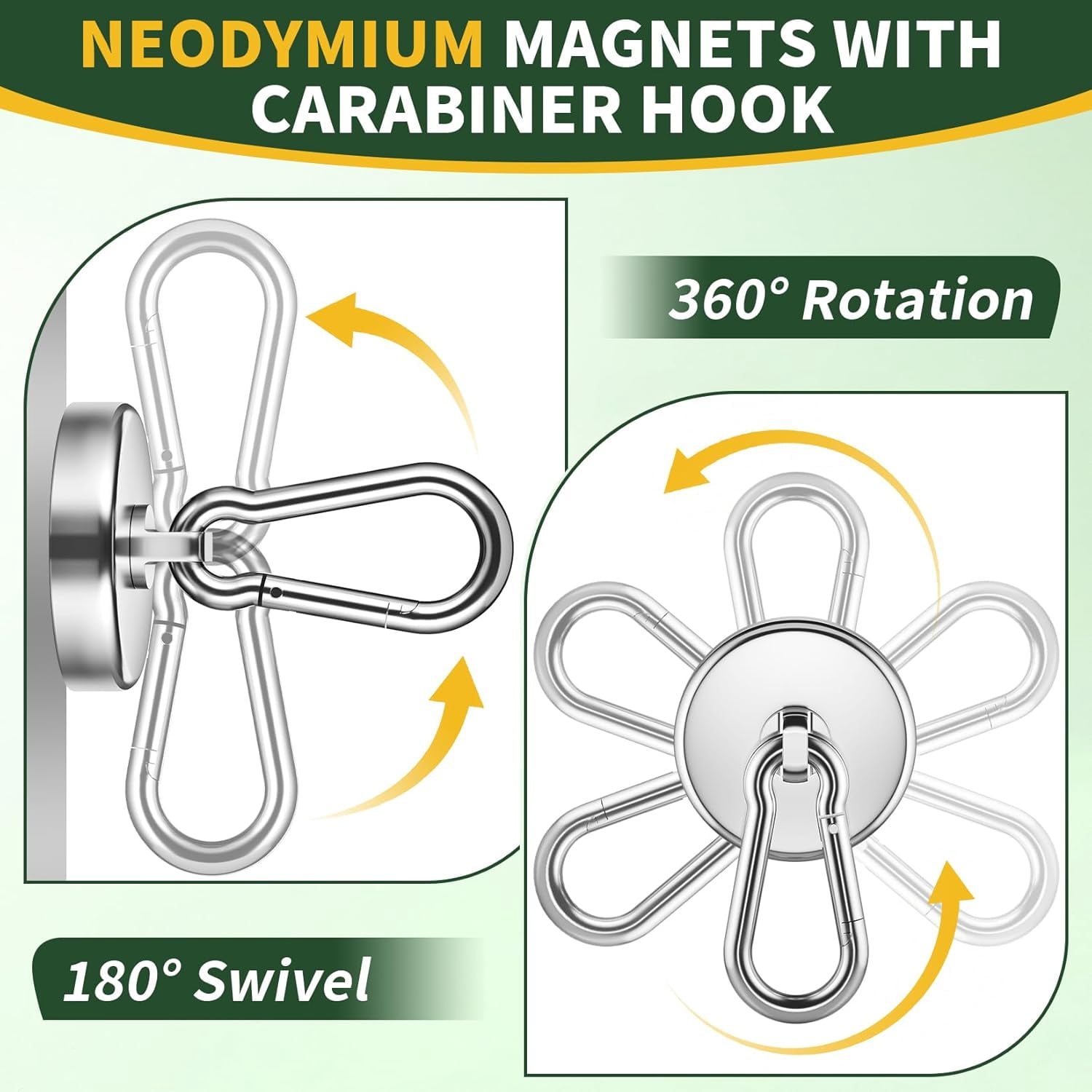 RGHJAR-4 Pack Strong Magnetic Hooks with Swivel Carabiner, 170 Lbs Magnetic Hooks for Cruise Cabins, Magnet Hooks Heavy Duty with Carabiner, Magnetic Carabiner Hook for Garage, Workplace, Kitchen