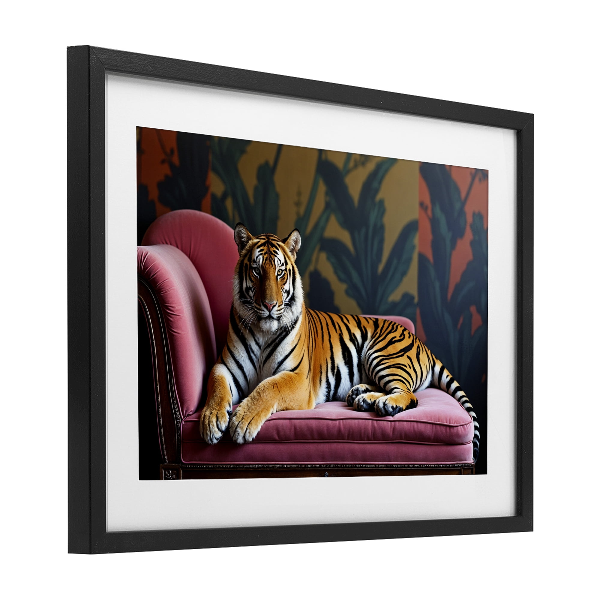 Exotic Tiger Lounging Black Framed Print Under Glass, design by Lettered and Lined