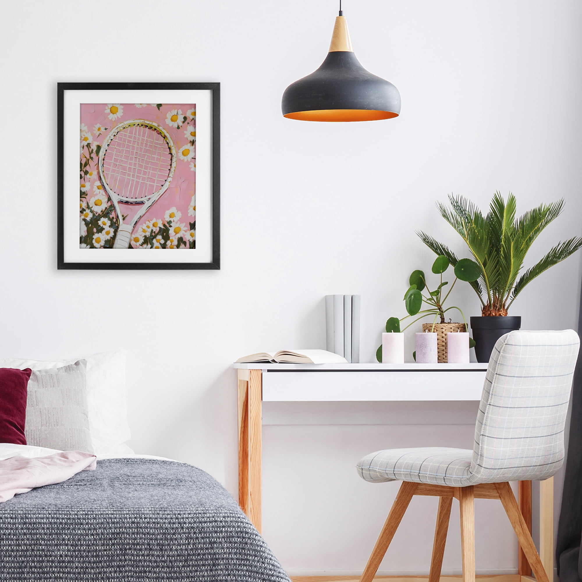 Stupell Industries Pink Tennis Racket & Daisies Black Framed Print Under Glass, design by LSR Design Studio
