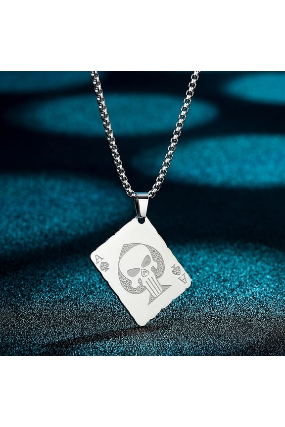 Lucky Ace of Spades with Skull Necklace Mens Large Pendant Charm Punk Jewelry Party Gift