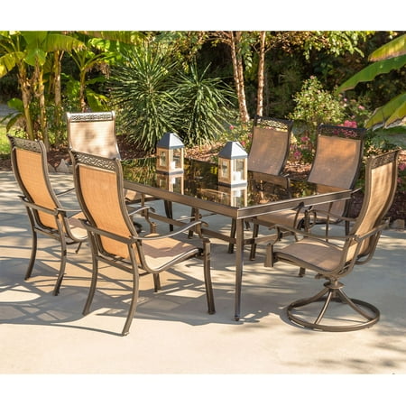 Hanover Outdoor Monaco 7-Piece Sling Dining Set with 42" x 84" Glass-Top Table, 4 Stationary Chairs and 2 Swivel Rockers, Cedar